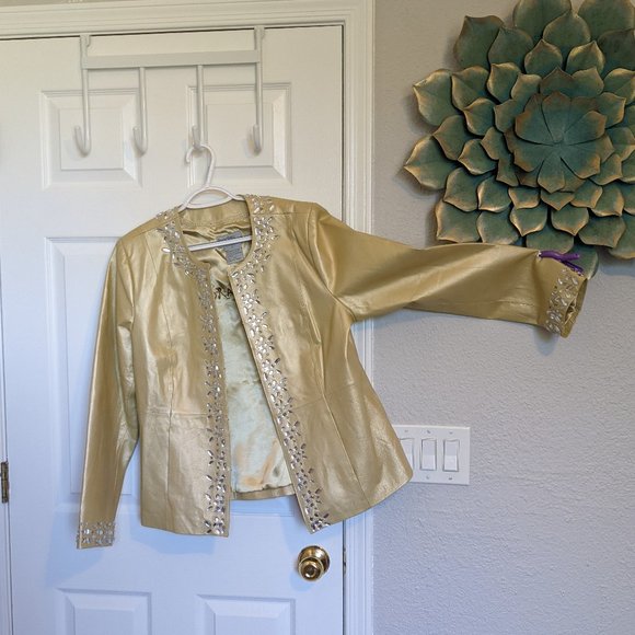 Bradley Bayou Jackets & Blazers - GLITZ, GLITTER GALA!   GOLD (real) LEATHER JACKET | L | EUC  Y2K Vintage